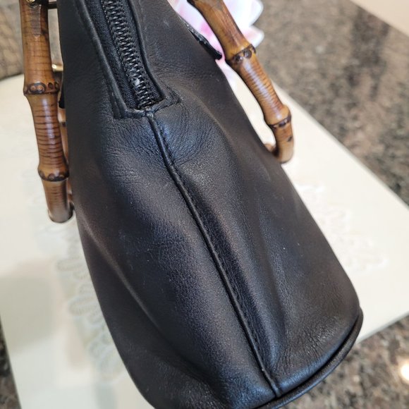 GUCCI 2 BAMBOO HANDLES~ BLACK LEATHER~ HANDBAG - Picture 10 of 13